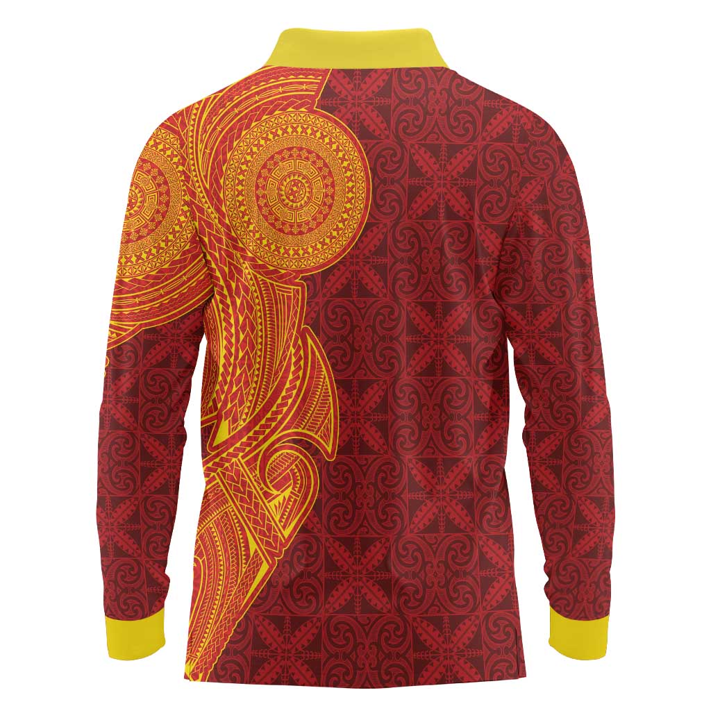 Niue Polynesian Hiapo Tattoo Art Long Sleeve Polo Shirt Half Style Red Yellow Color LT03 - Polynesian Pride