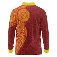 Niue Polynesian Hiapo Tattoo Art Long Sleeve Polo Shirt Half Style Red Yellow Color LT03 - Polynesian Pride