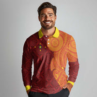 Niue Polynesian Hiapo Tattoo Art Long Sleeve Polo Shirt Half Style Red Yellow Color LT03 - Polynesian Pride