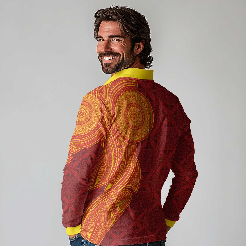 Niue Polynesian Hiapo Tattoo Art Long Sleeve Polo Shirt Half Style Red Yellow Color LT03 - Polynesian Pride