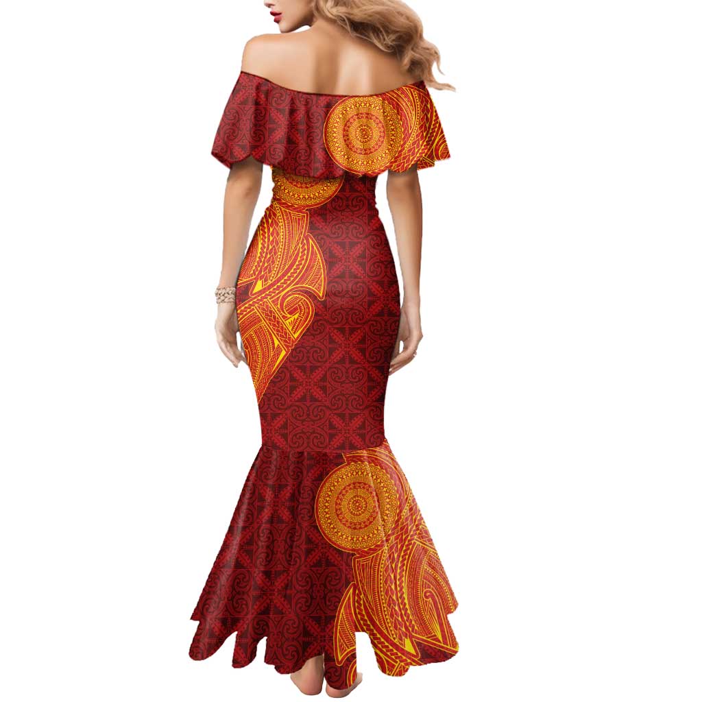 Niue Polynesian Hiapo Tattoo Art Mermaid Dress Half Style Red Yellow Color LT03 - Polynesian Pride
