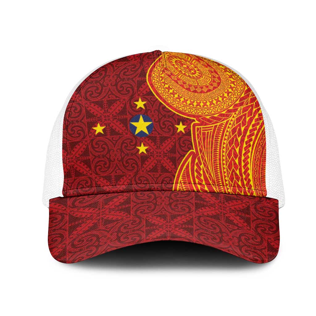 Niue Polynesian Hiapo Tattoo Art Mesh Trucker Cap Half Style Red Yellow Color - Polynesian Pride