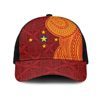 Niue Polynesian Hiapo Tattoo Art Mesh Trucker Cap Half Style Red Yellow Color - Polynesian Pride