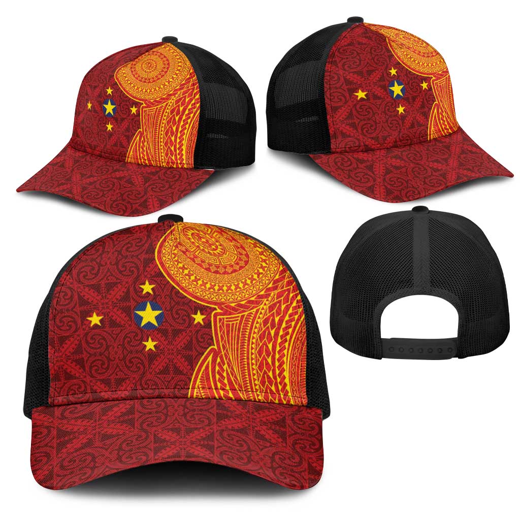 Niue Polynesian Hiapo Tattoo Art Mesh Trucker Cap Half Style Red Yellow Color - Polynesian Pride