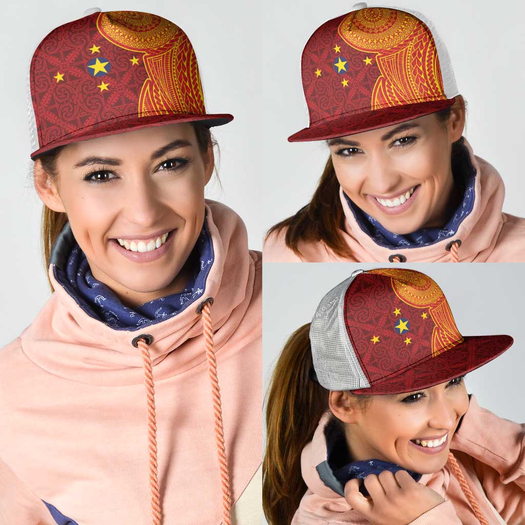Niue Polynesian Hiapo Tattoo Art Mesh Trucker Cap Half Style Red Yellow Color - Polynesian Pride