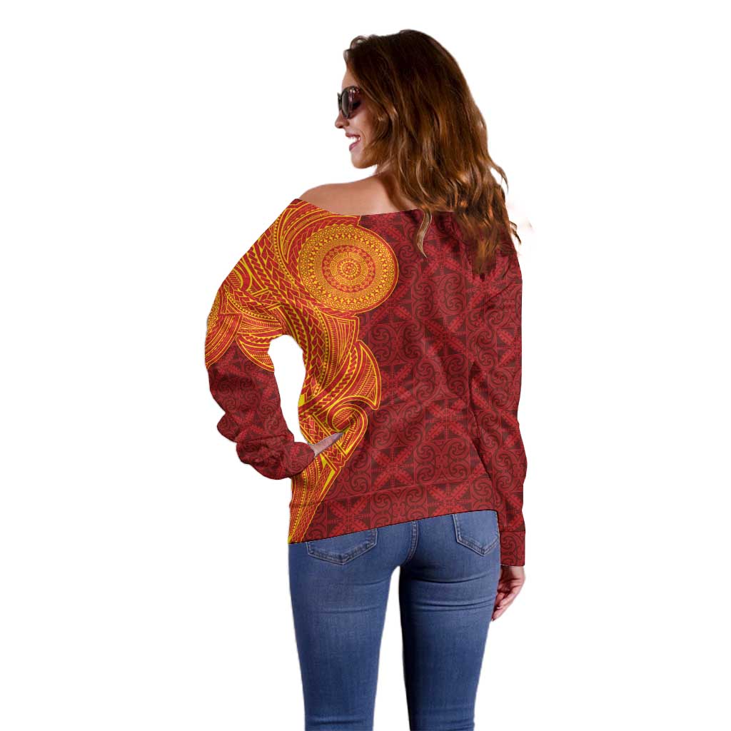 Niue Polynesian Hiapo Tattoo Art Off Shoulder Sweater Half Style Red Yellow Color - Polynesian Pride