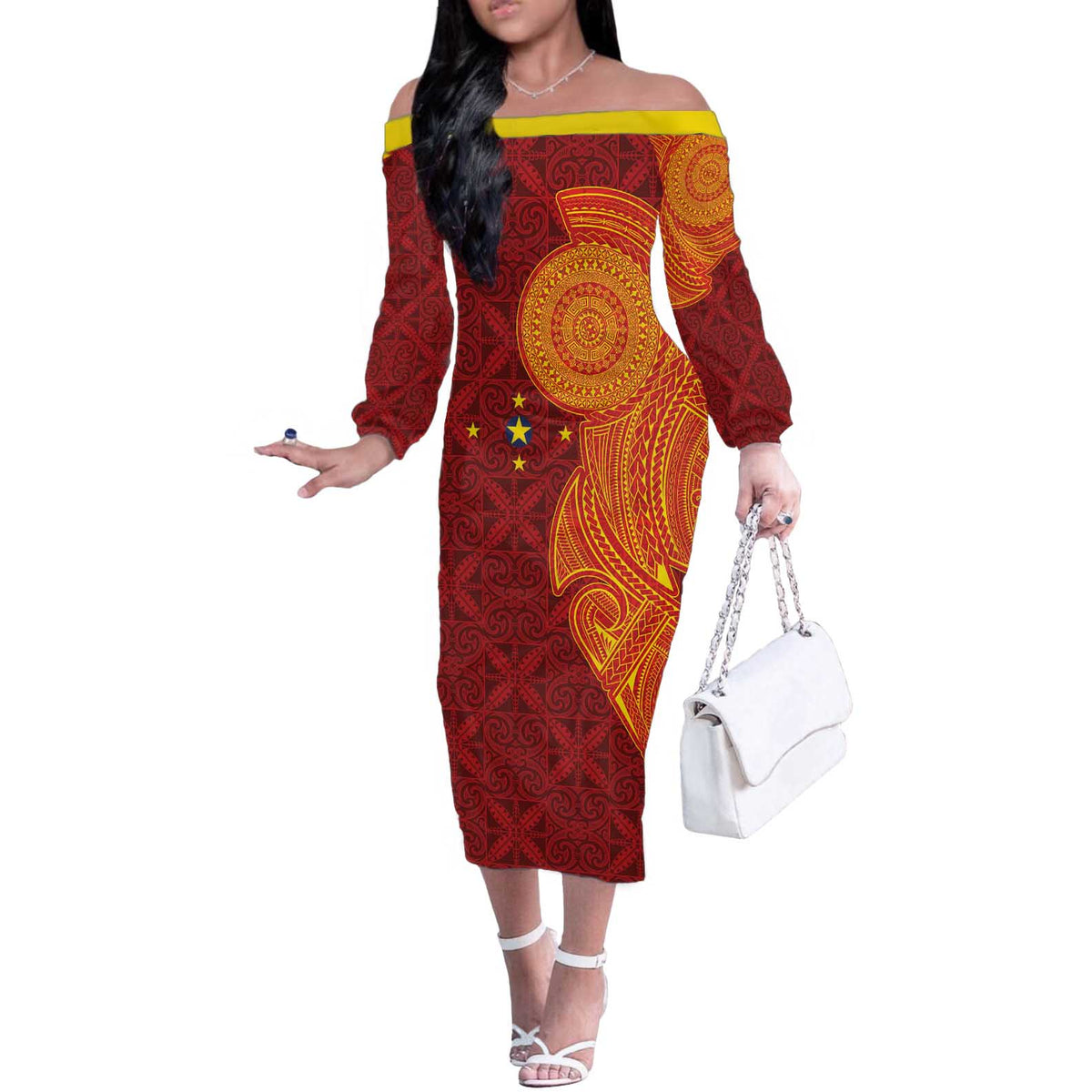 Niue Polynesian Hiapo Tattoo Art Off The Shoulder Long Sleeve Dress Half Style Red Yellow Color LT03 Women Red - Polynesian Pride