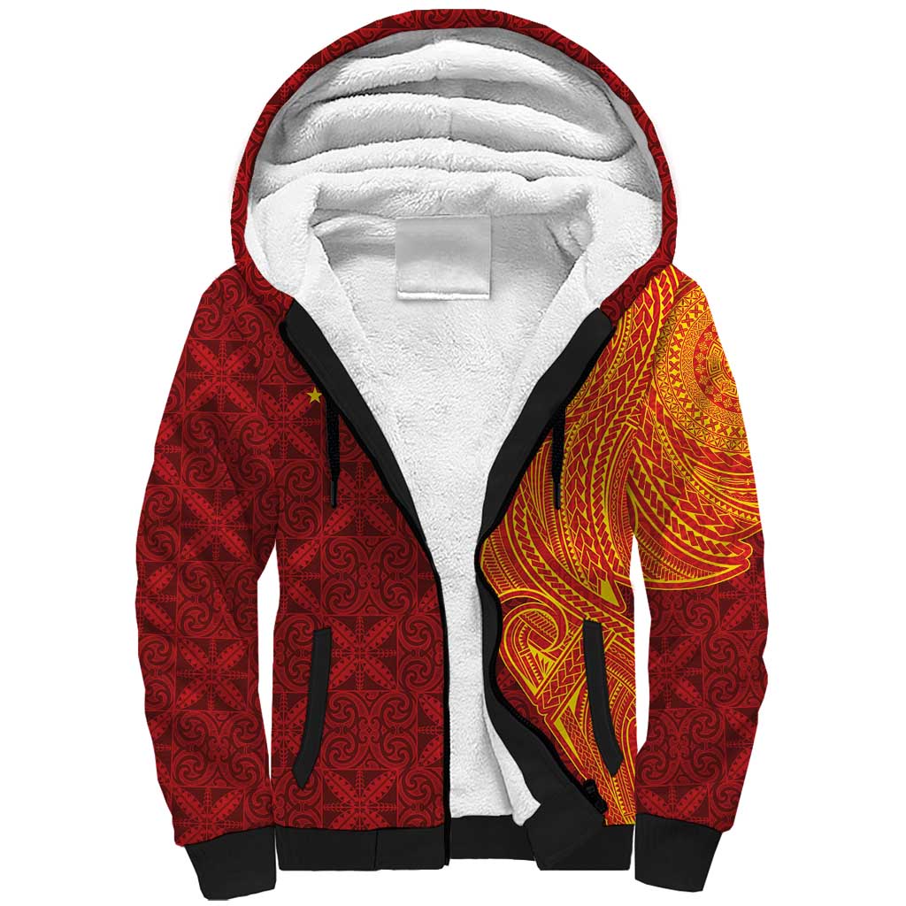 Niue Polynesian Hiapo Tattoo Art Sherpa Hoodie Half Style Red Yellow Color LT03 Unisex Red - Polynesian Pride