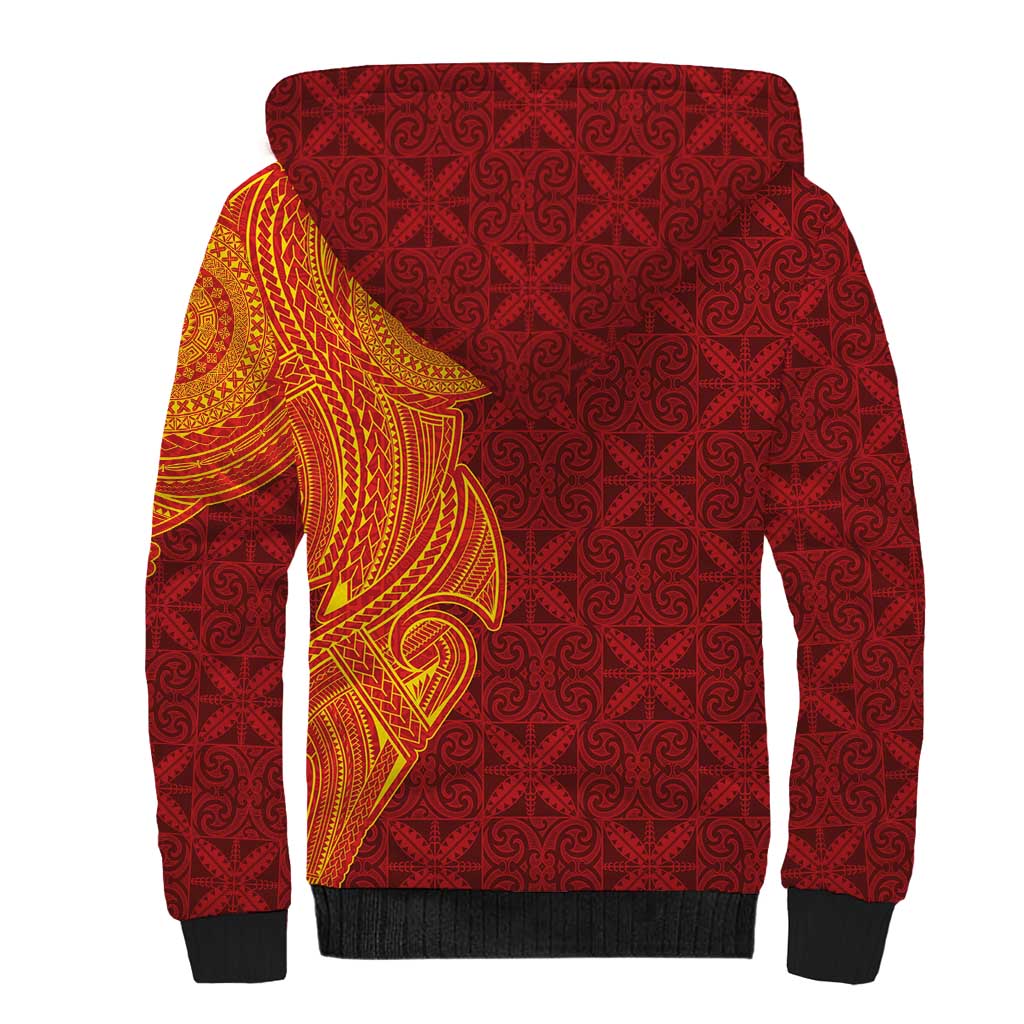 Niue Polynesian Hiapo Tattoo Art Sherpa Hoodie Half Style Red Yellow Color LT03 - Polynesian Pride