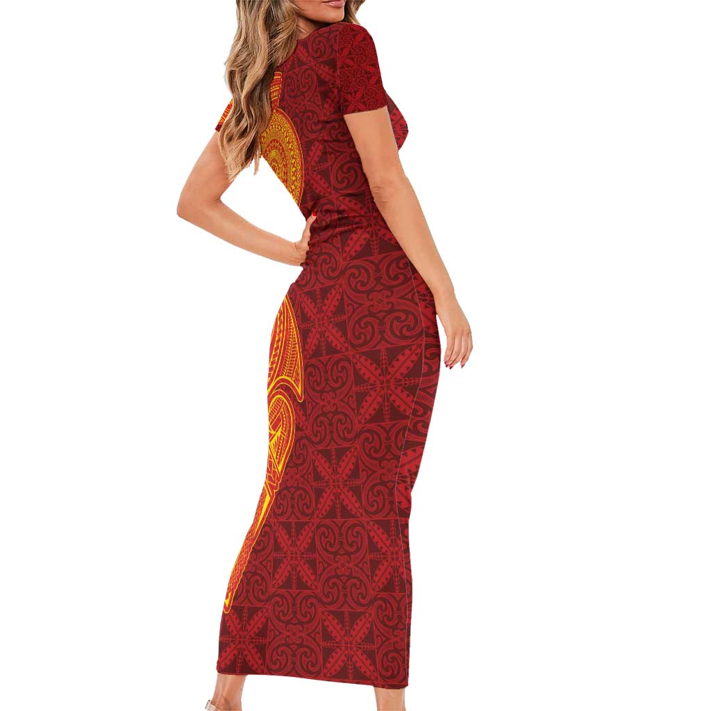 Niue Polynesian Hiapo Tattoo Art Short Sleeve Bodycon Dress Half Style Red Yellow Color LT03 - Polynesian Pride