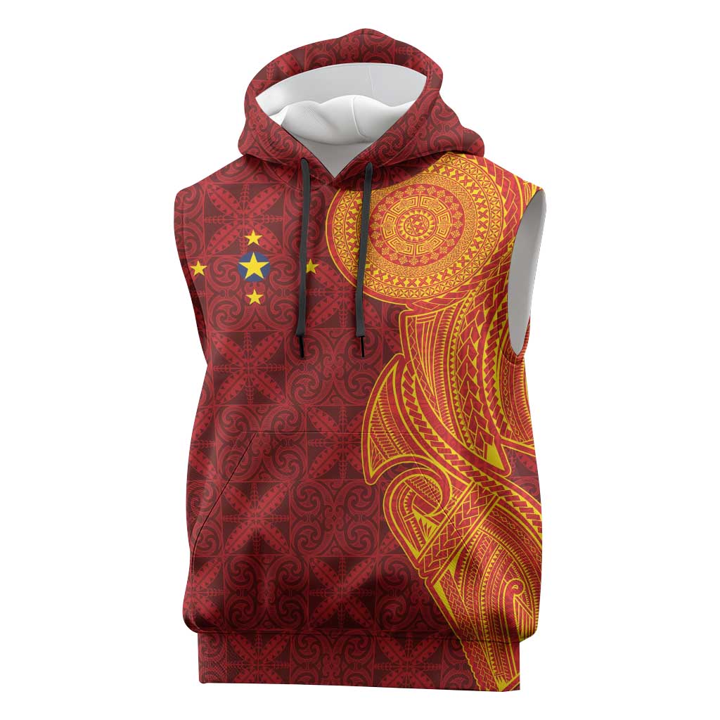Niue Polynesian Hiapo Tattoo Art Sleeveless Hoodie Half Style Red Yellow Color LT03 Red - Polynesian Pride