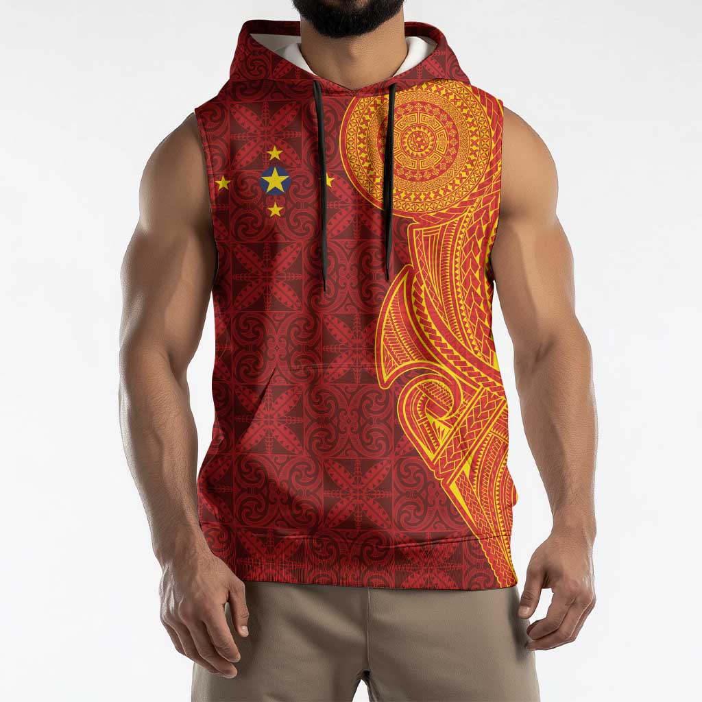 Niue Polynesian Hiapo Tattoo Art Sleeveless Hoodie Half Style Red Yellow Color LT03 - Polynesian Pride