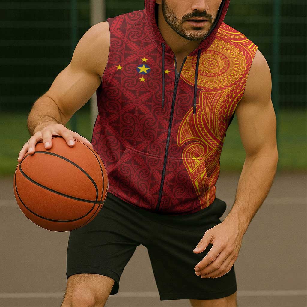 Niue Polynesian Hiapo Tattoo Art Sleeveless Zip Hoodie Half Style Red Yellow Color LT03 - Polynesian Pride