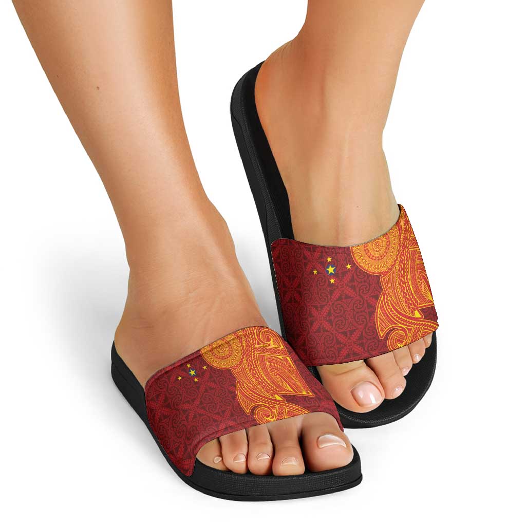Niue Polynesian Hiapo Tattoo Art Slide Sandals Half Style Red Yellow Color - Polynesian Pride