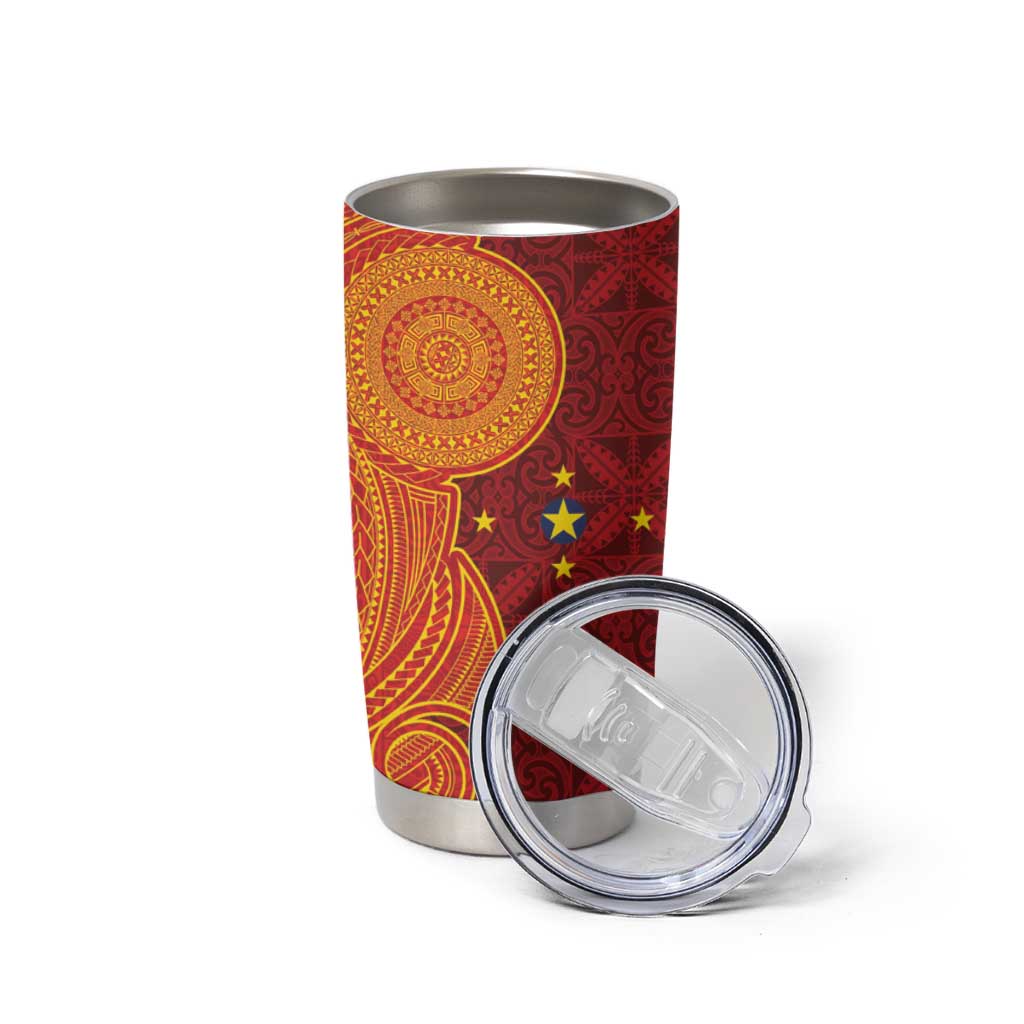 Niue Polynesian Hiapo Tattoo Art Tumbler Cup Half Style Red Yellow Color - Polynesian Pride