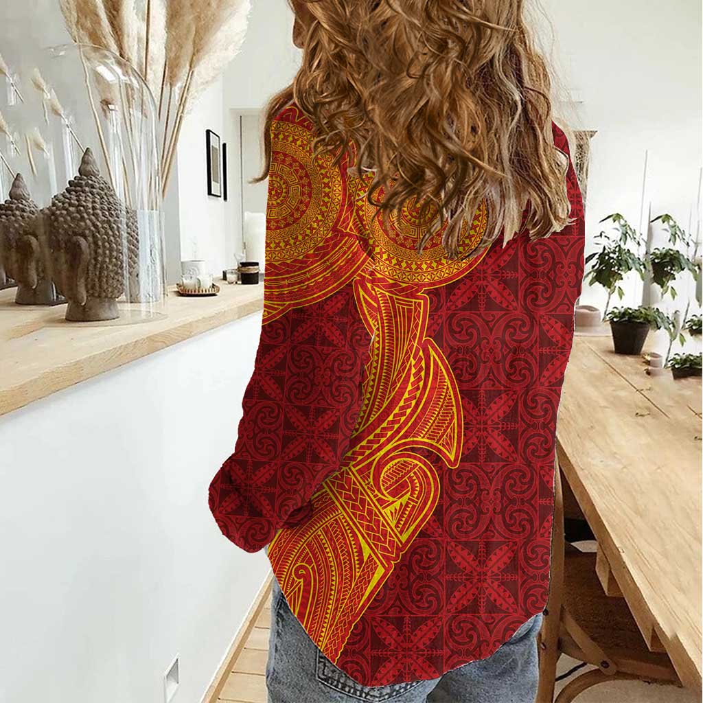 Niue Polynesian Hiapo Tattoo Art Women Casual Shirt Half Style Red Yellow Color LT03 - Polynesian Pride