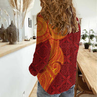 Niue Polynesian Hiapo Tattoo Art Women Casual Shirt Half Style Red Yellow Color LT03 - Polynesian Pride