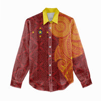 Niue Polynesian Hiapo Tattoo Art Women Casual Shirt Half Style Red Yellow Color LT03 - Polynesian Pride