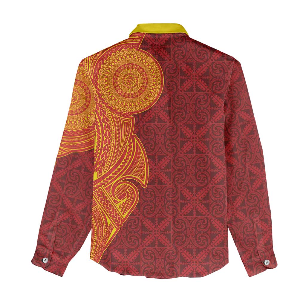 Niue Polynesian Hiapo Tattoo Art Women Casual Shirt Half Style Red Yellow Color LT03 - Polynesian Pride
