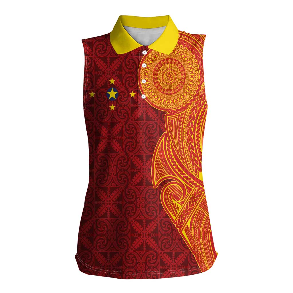 Niue Polynesian Hiapo Tattoo Art Women Sleeveless Polo Shirt Half Style Red Yellow Color LT03 Female Red - Polynesian Pride