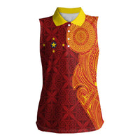 Niue Polynesian Hiapo Tattoo Art Women Sleeveless Polo Shirt Half Style Red Yellow Color LT03 Female Red - Polynesian Pride