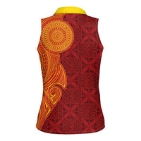 Niue Polynesian Hiapo Tattoo Art Women Sleeveless Polo Shirt Half Style Red Yellow Color LT03 - Polynesian Pride