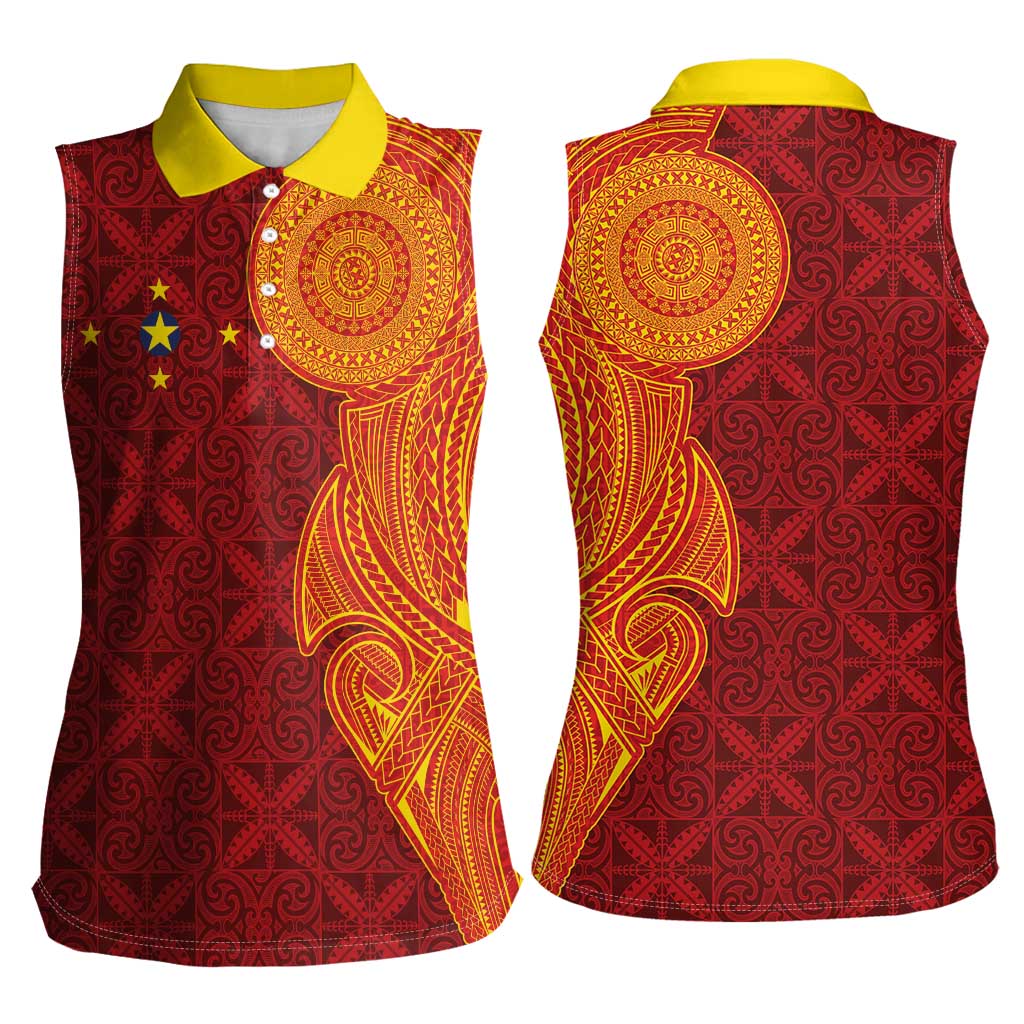 Niue Polynesian Hiapo Tattoo Art Women Sleeveless Polo Shirt Half Style Red Yellow Color LT03 - Polynesian Pride