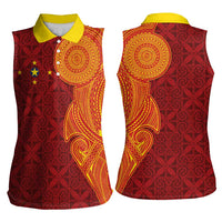Niue Polynesian Hiapo Tattoo Art Women Sleeveless Polo Shirt Half Style Red Yellow Color LT03 - Polynesian Pride