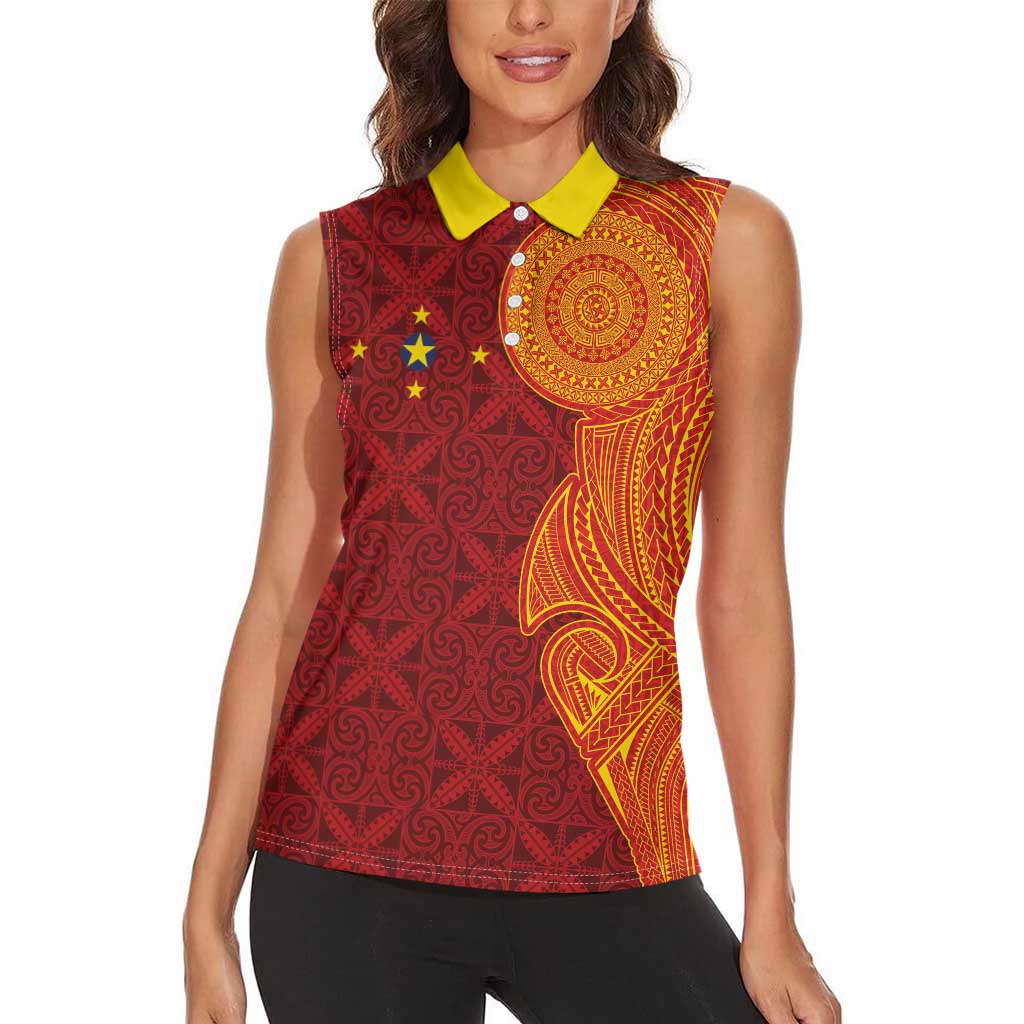 Niue Polynesian Hiapo Tattoo Art Women Sleeveless Polo Shirt Half Style Red Yellow Color LT03 - Polynesian Pride