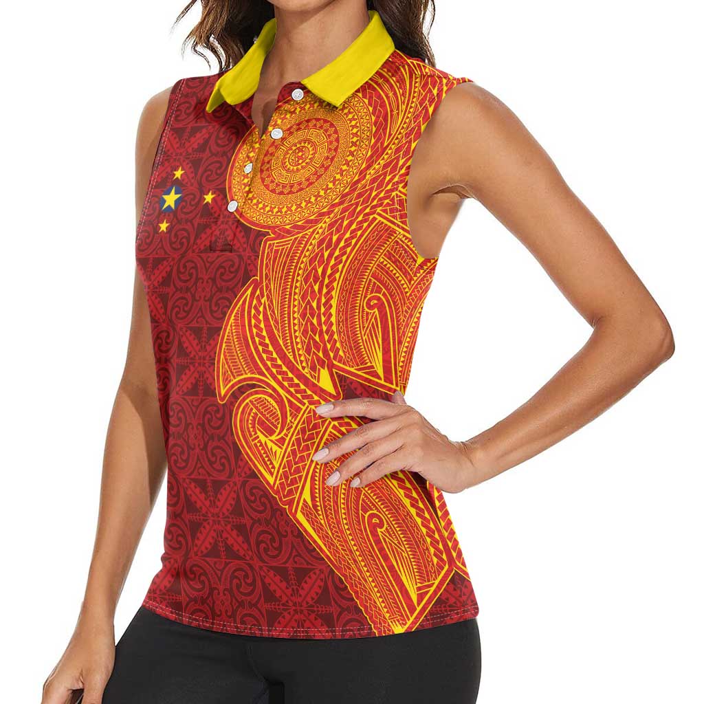 Niue Polynesian Hiapo Tattoo Art Women Sleeveless Polo Shirt Half Style Red Yellow Color LT03 - Polynesian Pride
