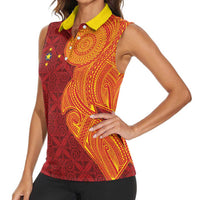Niue Polynesian Hiapo Tattoo Art Women Sleeveless Polo Shirt Half Style Red Yellow Color LT03 - Polynesian Pride