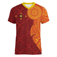 Niue Polynesian Hiapo Tattoo Art Women V-Neck T-Shirt Half Style Red Yellow Color LT03 Female Red - Polynesian Pride