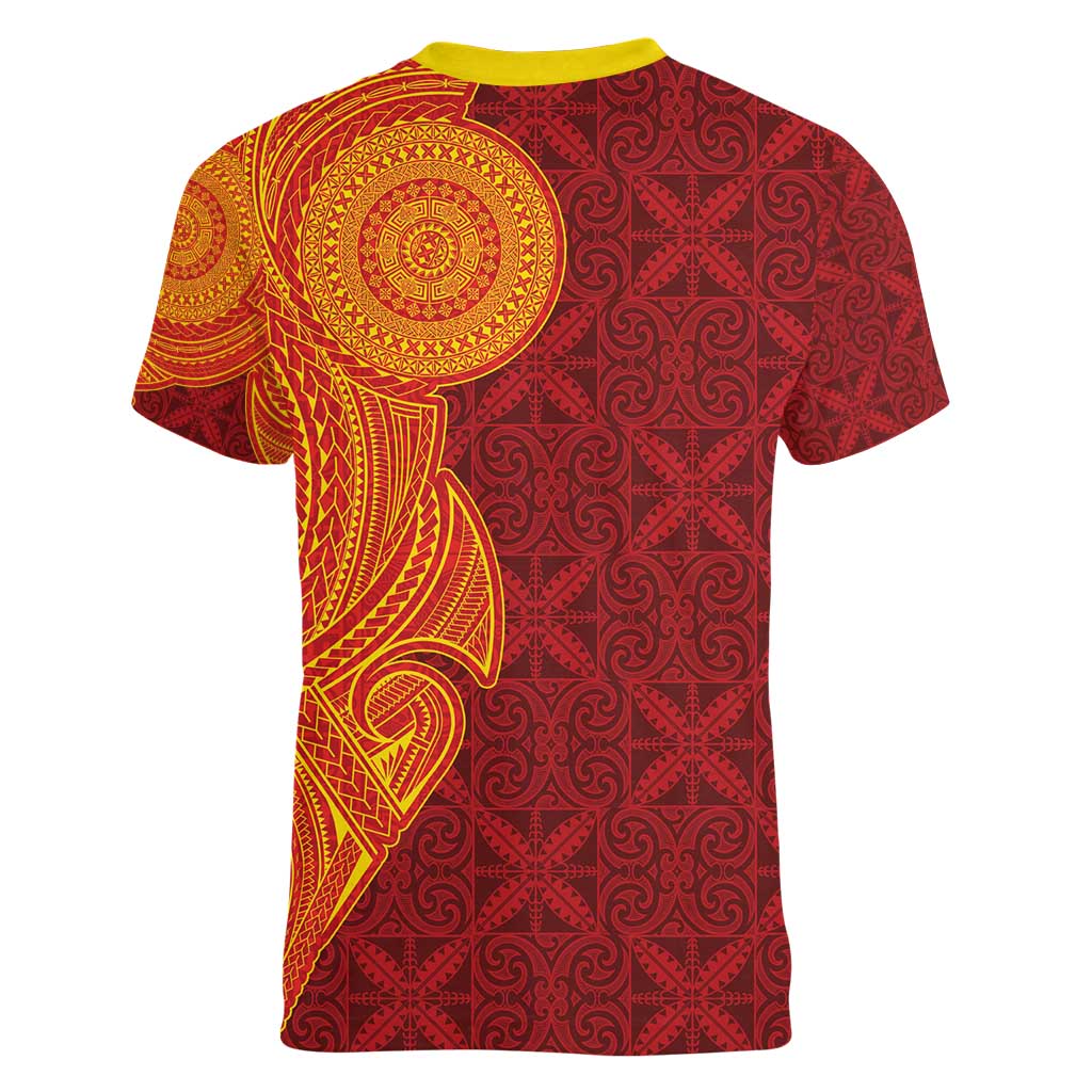 Niue Polynesian Hiapo Tattoo Art Women V-Neck T-Shirt Half Style Red Yellow Color LT03 - Polynesian Pride