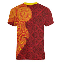 Niue Polynesian Hiapo Tattoo Art Women V-Neck T-Shirt Half Style Red Yellow Color LT03 - Polynesian Pride