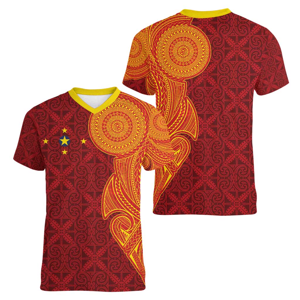 Niue Polynesian Hiapo Tattoo Art Women V-Neck T-Shirt Half Style Red Yellow Color LT03 - Polynesian Pride