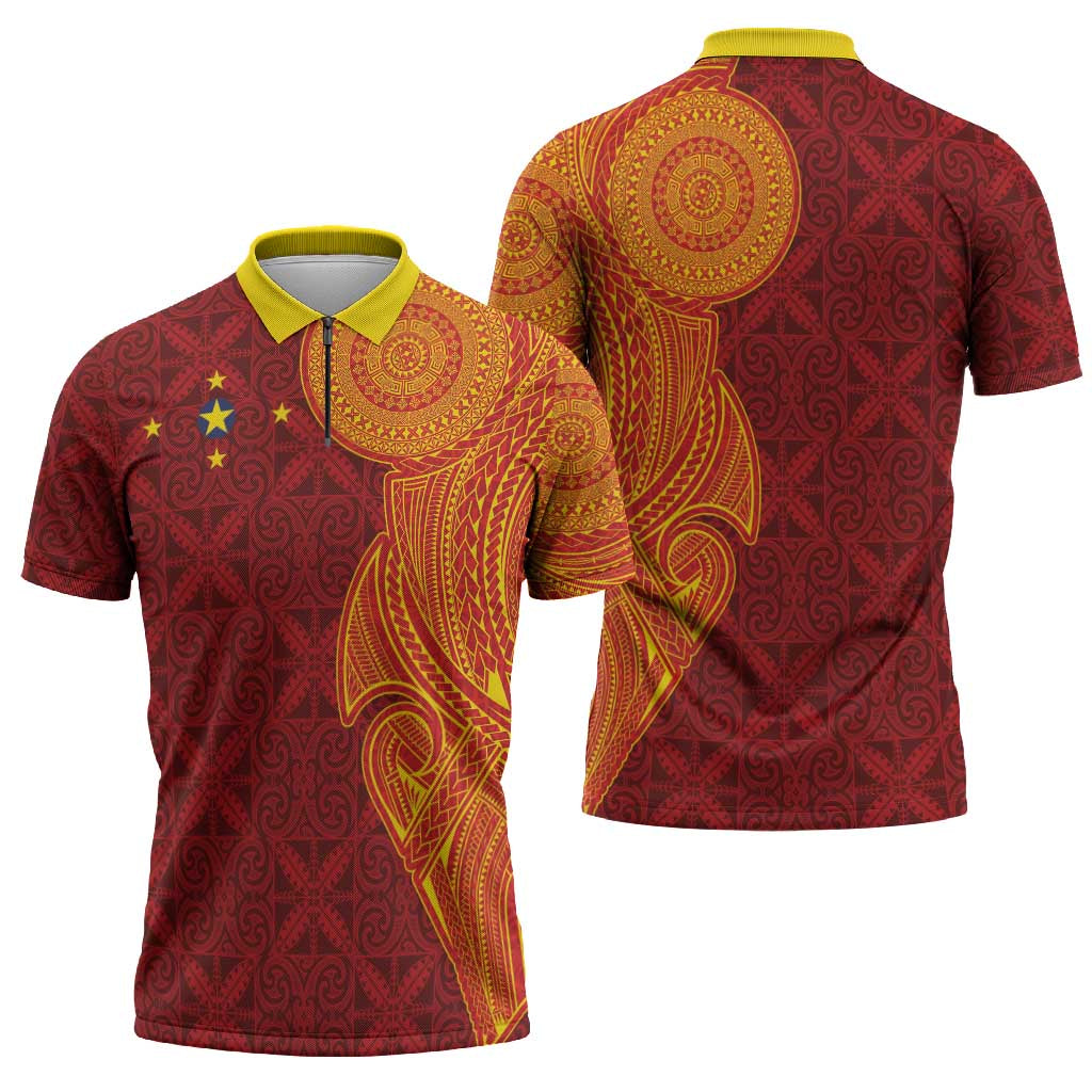 Niue Polynesian Hiapo Tattoo Art Zipper Polo Shirt Half Style Red Yellow Color LT03 - Polynesian Pride