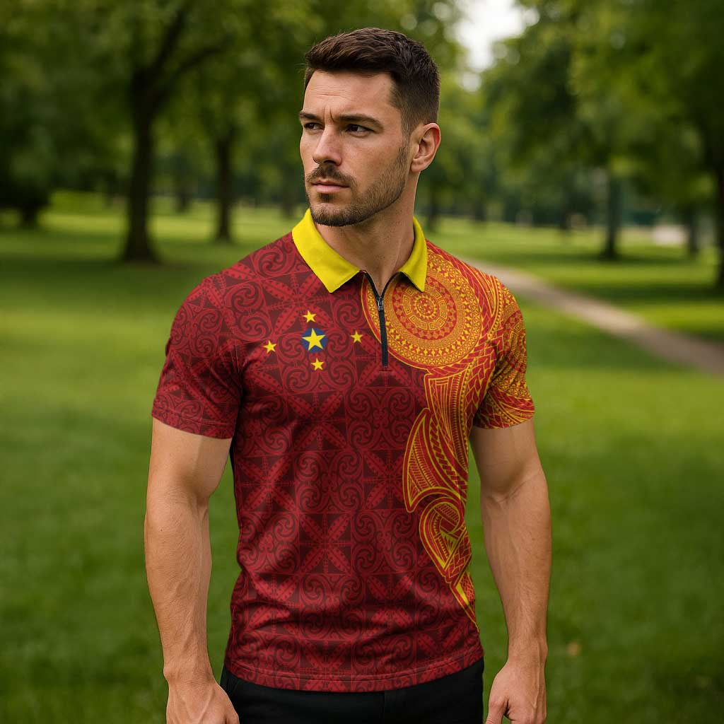 Niue Polynesian Hiapo Tattoo Art Zipper Polo Shirt Half Style Red Yellow Color LT03 - Polynesian Pride