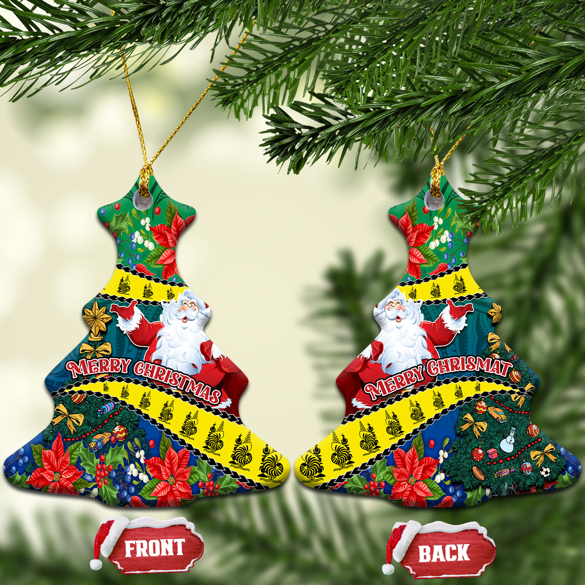 New Caledonia Christmas Ceramic Ornament Santa Claus and Kanak Flag Mix Poinsettia Maori Pattern LT03 Christmas Tree Green - Polynesian Pride