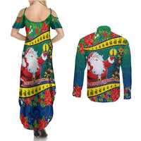 New Caledonia Christmas Couples Matching Summer Maxi Dress and Long Sleeve Button Shirt Santa Claus and Kanak Flag Mix Poinsettia Maori Pattern LT03 - Polynesian Pride