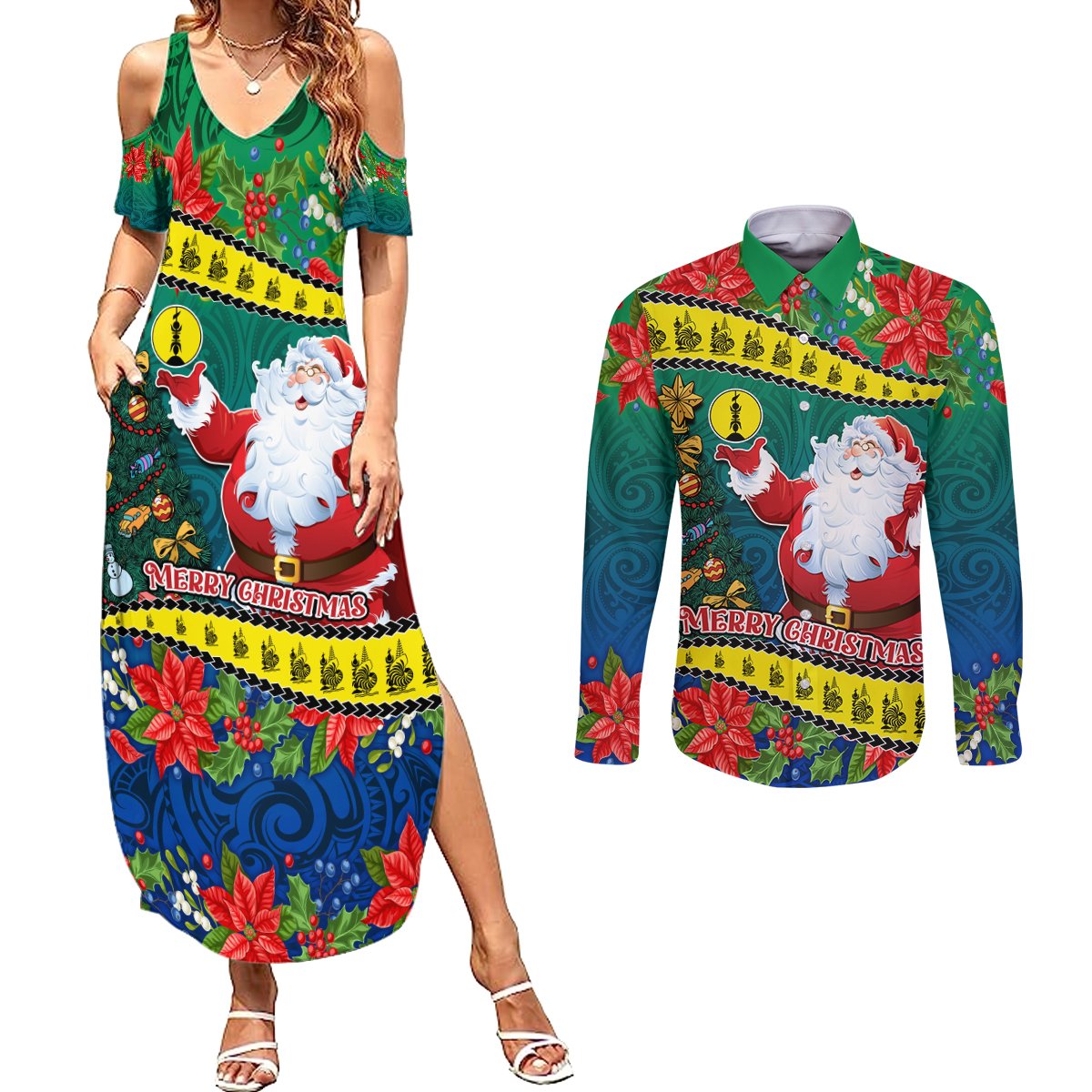 Personalised New Caledonia Christmas Couples Matching Summer Maxi Dress and Long Sleeve Button Shirt Santa Claus and Kanak Flag Mix Poinsettia Maori Pattern LT03 Green - Polynesian Pride