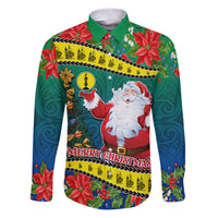 Personalised New Caledonia Christmas Family Matching Puletasi Dress and Hawaiian Shirt Santa Claus and Kanak Flag Mix Poinsettia Maori Pattern LT03 Dad's Shirt - Long Sleeve Green - Polynesian Pride