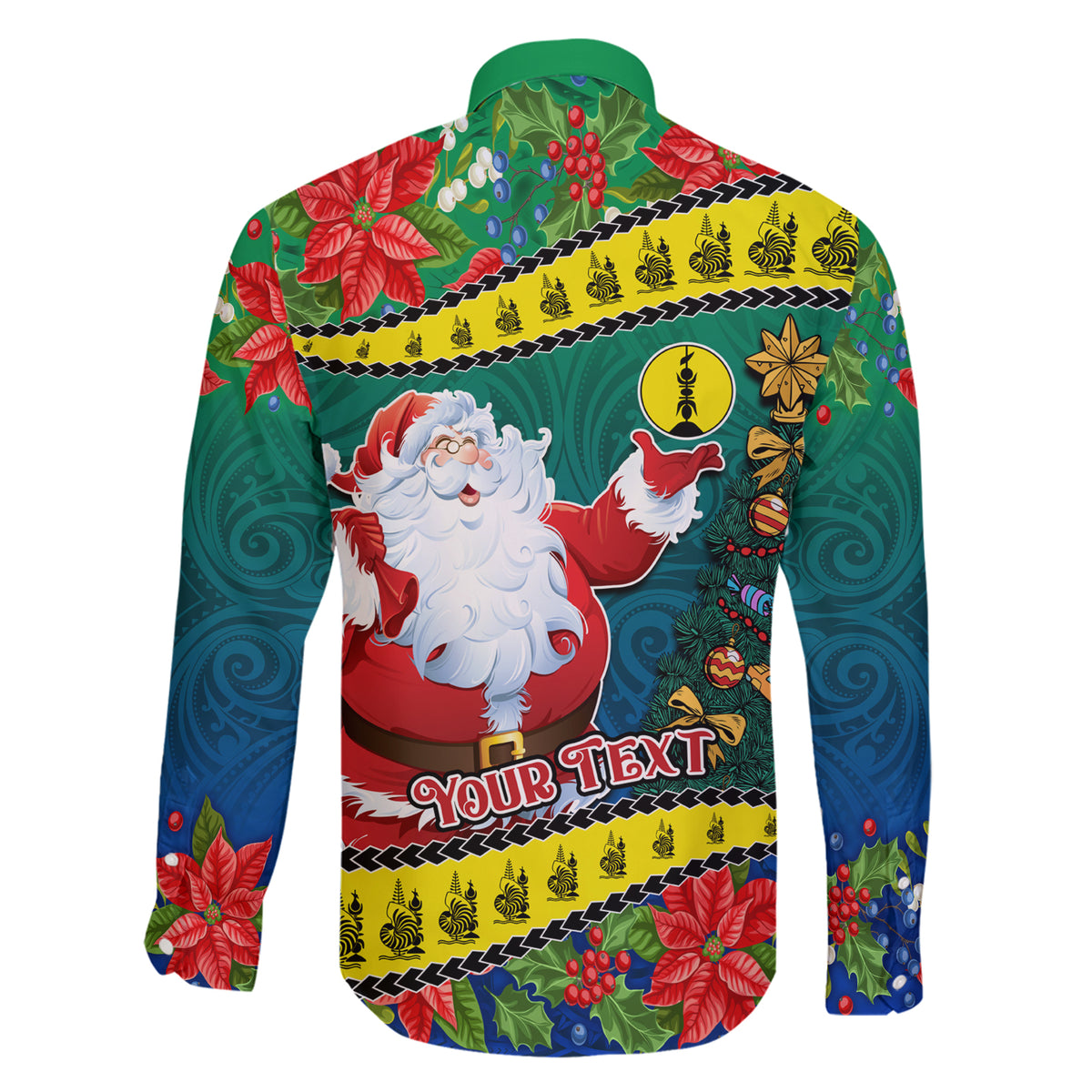 Personalised New Caledonia Christmas Family Matching Short Sleeve Bodycon Dress and Hawaiian Shirt Santa Claus and Kanak Flag Mix Poinsettia Maori Pattern LT03 - Polynesian Pride