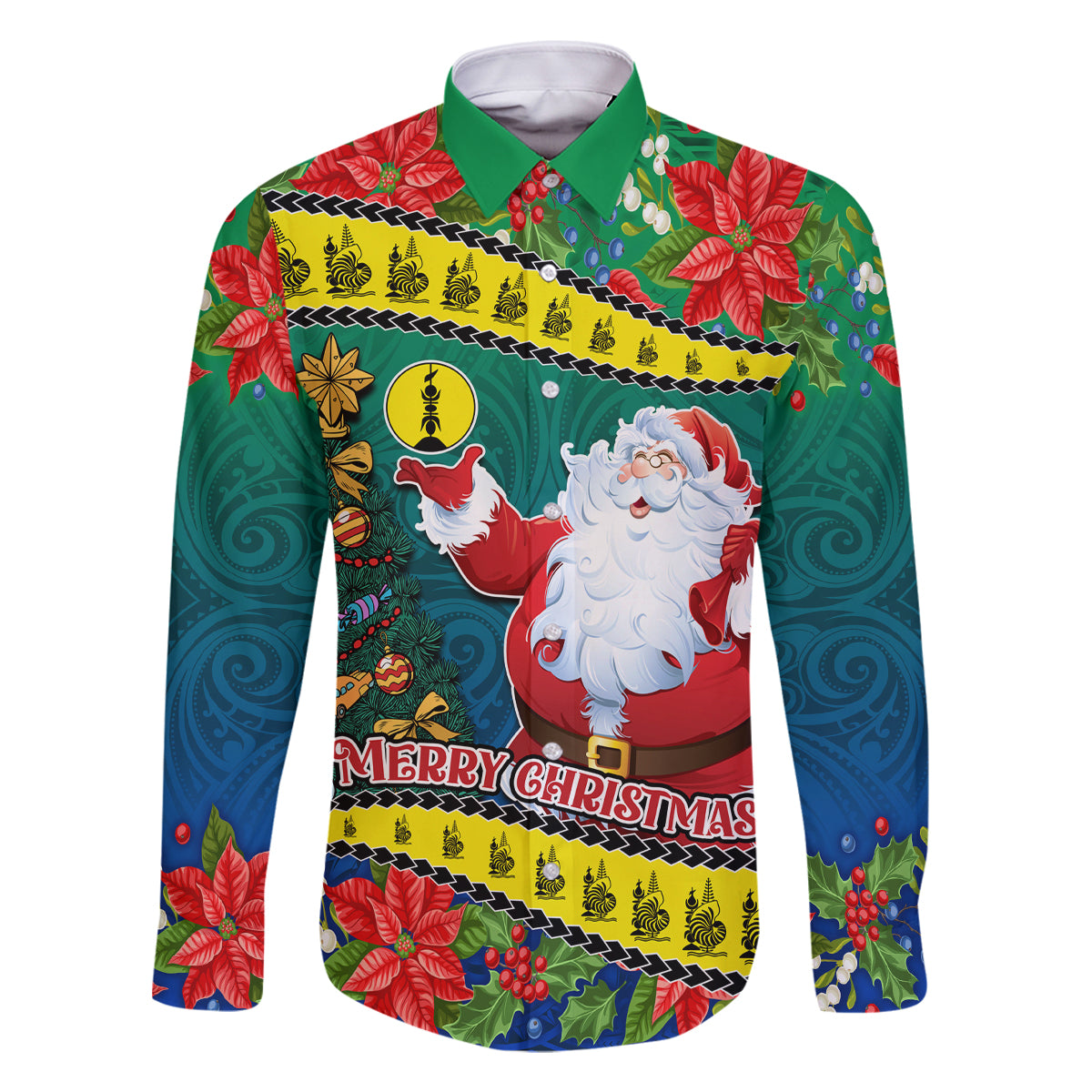 Personalised New Caledonia Christmas Family Matching Tank Maxi Dress and Hawaiian Shirt Santa Claus and Kanak Flag Mix Poinsettia Maori Pattern LT03 Dad's Shirt - Long Sleeve Green - Polynesian Pride