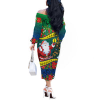 Personalised New Caledonia Christmas Off The Shoulder Long Sleeve Dress Santa Claus and Kanak Flag Mix Poinsettia Maori Pattern LT03 - Polynesian Pride