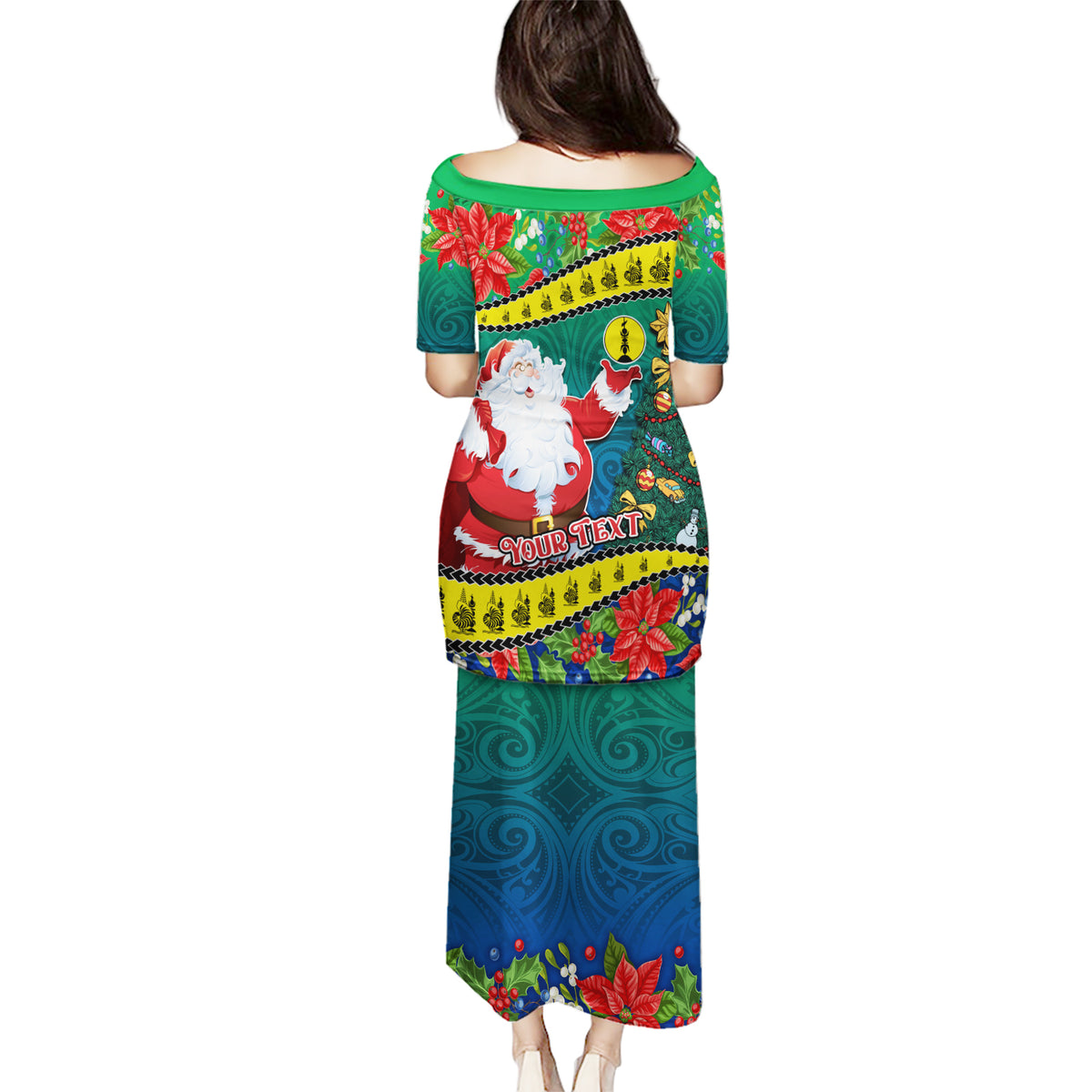 Personalised New Caledonia Christmas Puletasi Santa Claus and Kanak Flag Mix Poinsettia Maori Pattern LT03 - Polynesian Pride