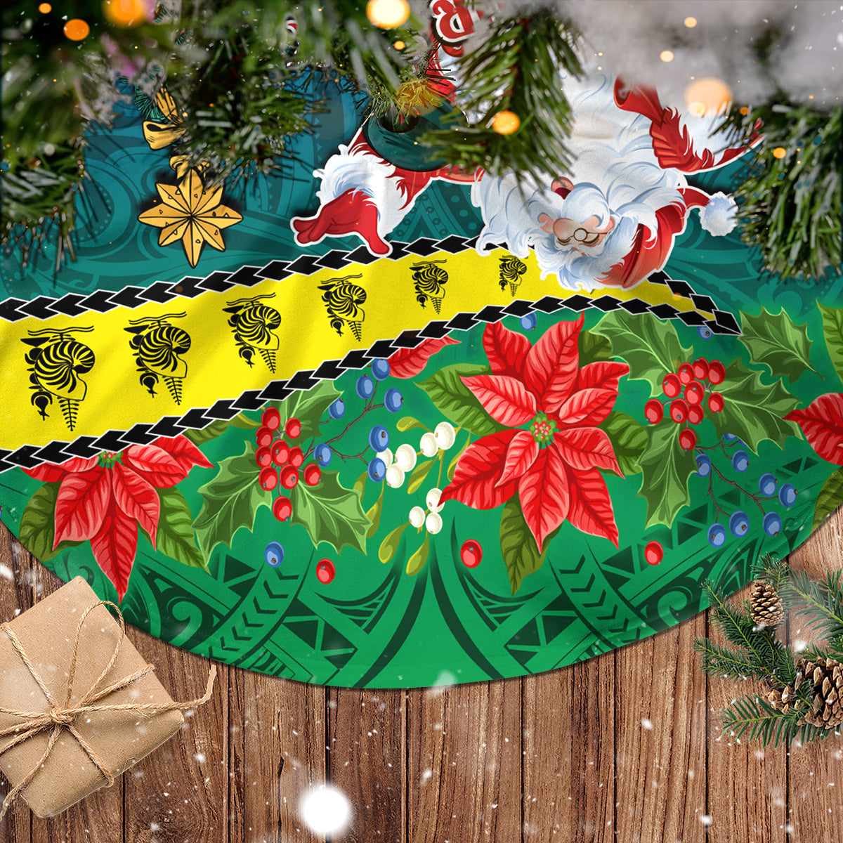 Personalised New Caledonia Christmas Tree Skirt Santa Claus and Kanak Flag Mix Poinsettia Maori Pattern LT03 - Polynesian Pride