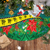 Personalised New Caledonia Christmas Tree Skirt Santa Claus and Kanak Flag Mix Poinsettia Maori Pattern LT03 - Polynesian Pride