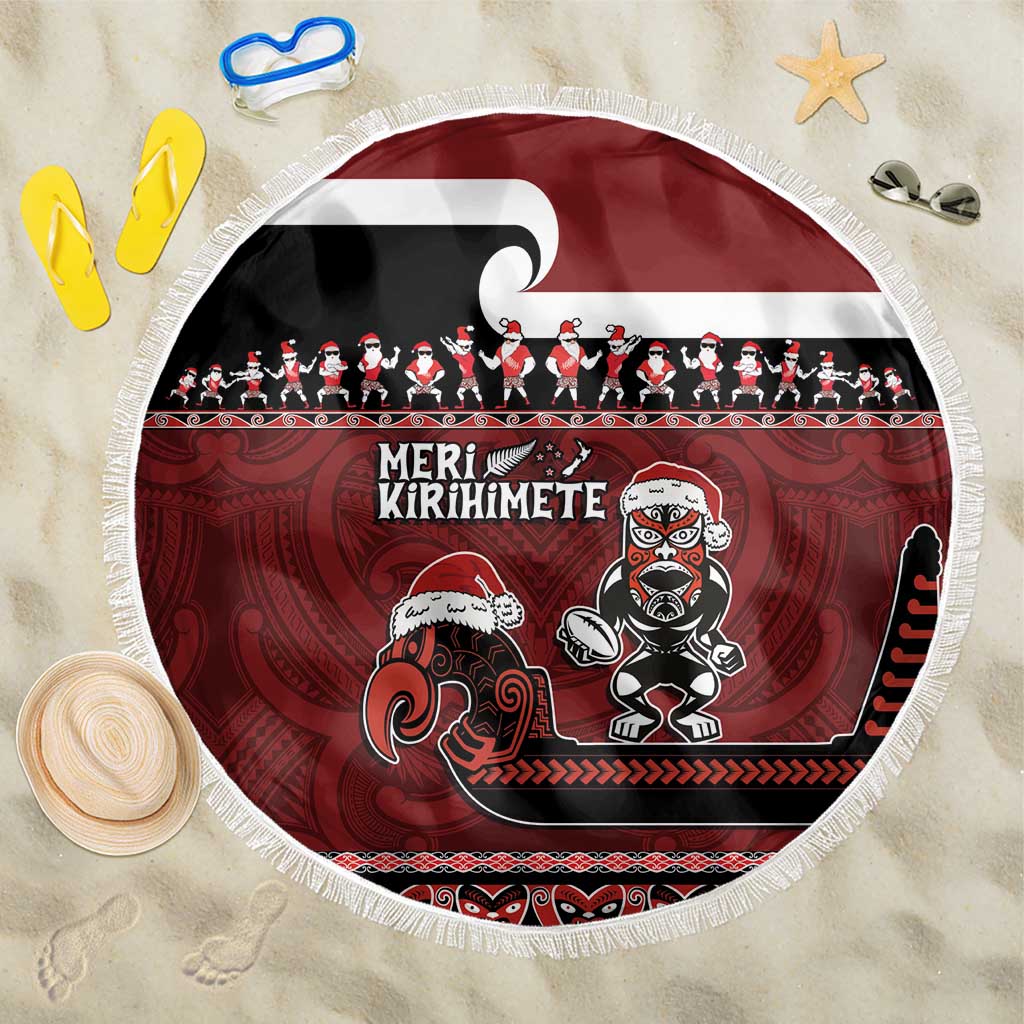 New Zealand Christmas Beach Blanket Meri Kirihimete Aotearoa Warrior on Waka with Maori Art Tattoo LT03 One Size 150cm Red - Polynesian Pride