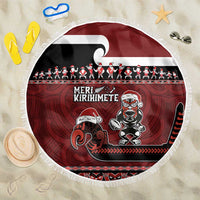 New Zealand Christmas Beach Blanket Meri Kirihimete Aotearoa Warrior on Waka with Maori Art Tattoo LT03 One Size 150cm Red - Polynesian Pride