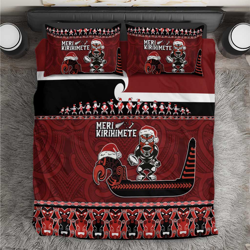 New Zealand Christmas Bedding Set Meri Kirihimete Aotearoa Warrior on Waka with Maori Art Tattoo LT03 Red - Polynesian Pride